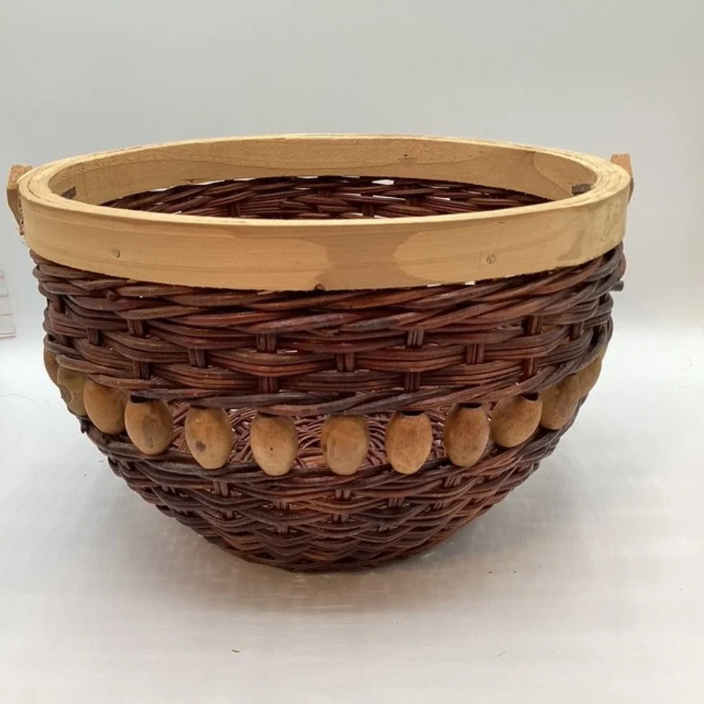 Rustic Wicker Basket Wood Handle Decorative Beads 6